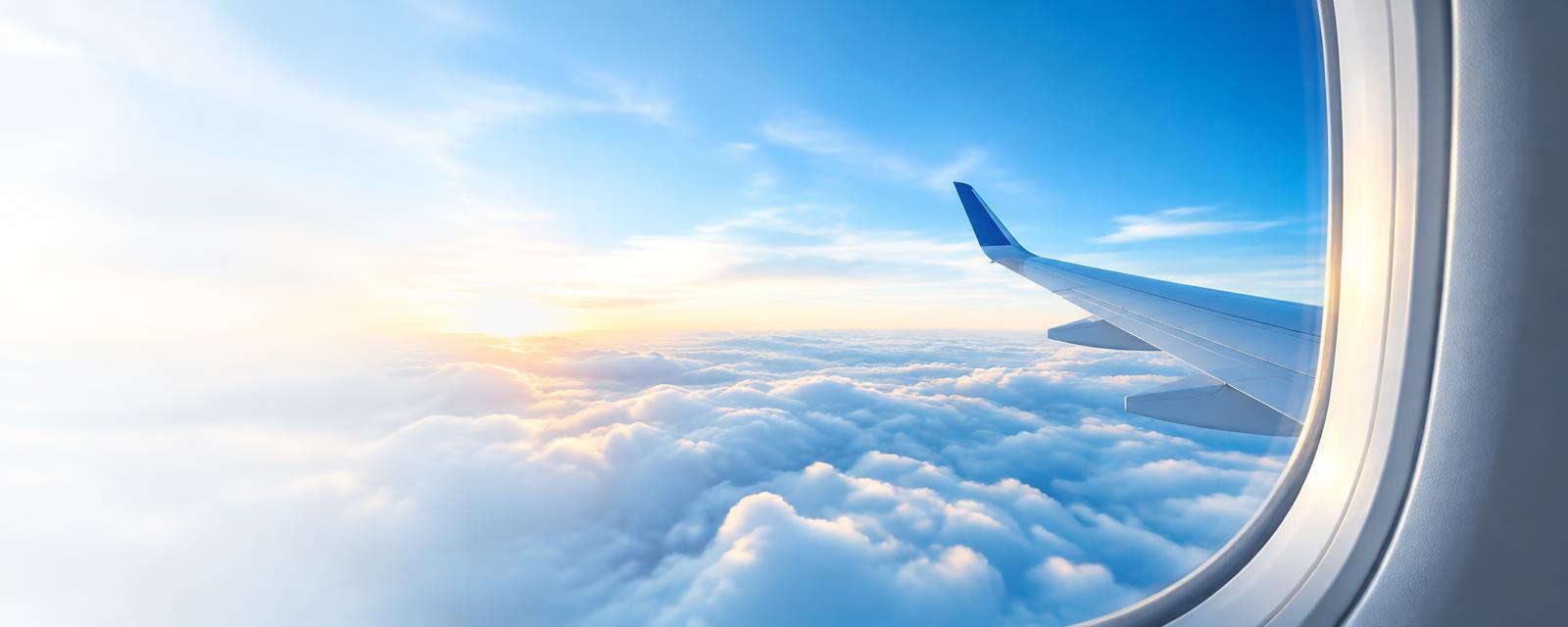 View of an aircraft wing through a cabin window